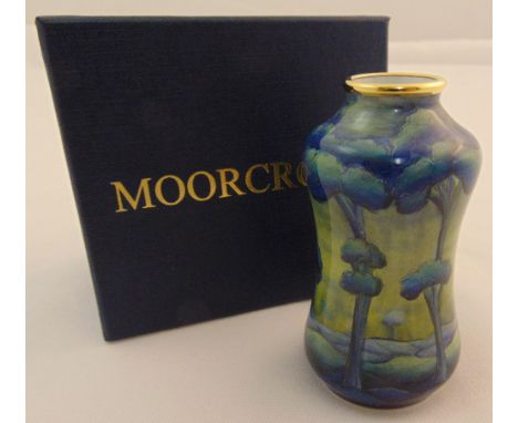 Moorcroft enamel limited edition vase 74/200 decorated with blue trees in a landscape, marks to the base, in original packagi