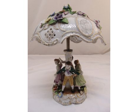 A Crown Naples porcelain table lamp in the form of children dancing under an umbrella, 38cm (h), A/F