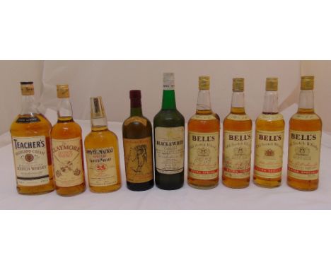 Nine bottles of blended scotch whisky to include Bells, Teachers, Whyte and Mackay and Black and White