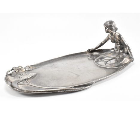 An early 20th Century Art Nouveau WMF pewter card tray in the form of a lady in a lily pond with a snake and floral spray. Mo