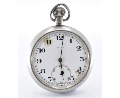 A vintage mid 20th Century Rolex open faced pocket watch. The watch having a white metal case, white enamelled dial with arab