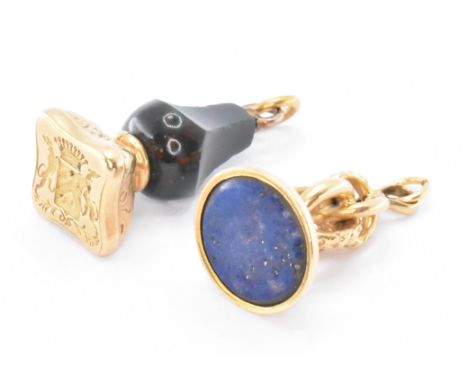 Two 19th Century Victorian gold and precious stone fob seals. The lot to include an antique French 18ct gold fob seal with a 