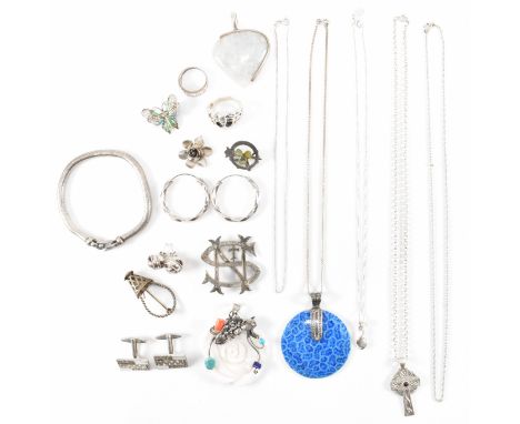 A collection of silver and white metal jewellery. The jewellery to include a hallmarked Celtic clover brooch pin, enamel and 