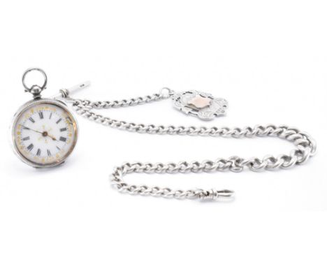 A silver pocket watch&nbsp; and Albert chain. The 935 silver watch having a gold enamel decorated dial marked 0.935 . The cha