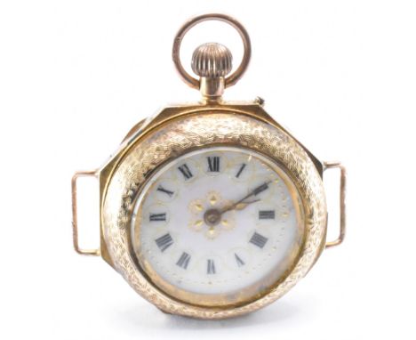 A 9ct gold pocket watch / wrist watch. The watch having an enamel decorated face and case. Hallmarked London import 1910. Spo