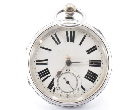 A 19th Century Victorian open faced pocket watch having a white enamelled dial with roman numerals to the chapter ring and su