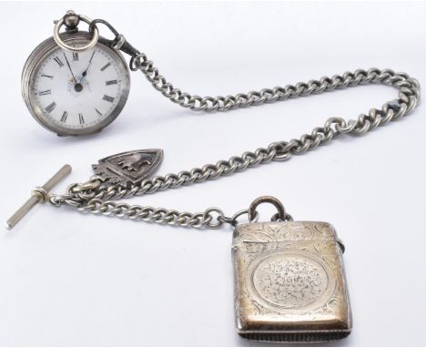 A silver watch, vesta and white metal Albert chain. The watch marked Chivre 800 silver having a floral enamel decorated face 
