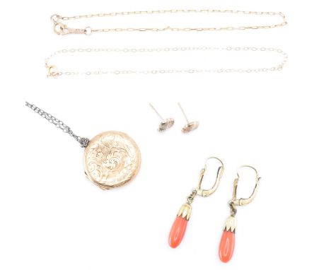 A collection of gold jewellery to include a 19th Century Victorian gild locket of round form with engraved details (marked 37