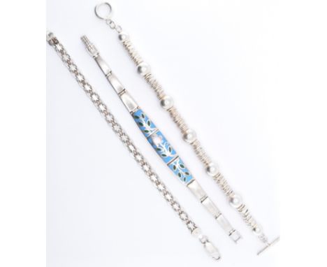 Three 925 silver bracelets. The bracelets to include an enamel and mother of pearl panel bracelet, a hallmarked ball and ring