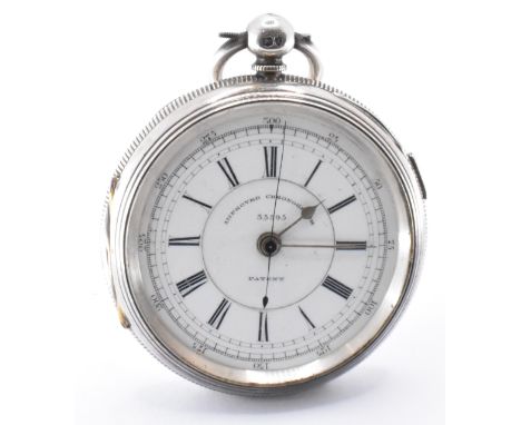 A 19th Century Victorian silver hallmarked open face Improved Chronograph pocket watch. The watch having a silver case with e