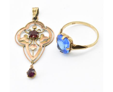 A 9ct gold paste ring and pendant. The ring set with a blue paste stone with stylised shoulders to plain shank, weight 1.9g, 