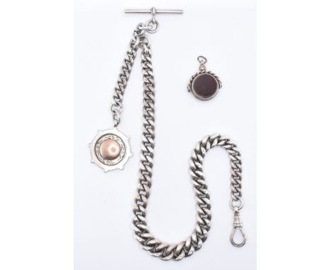 A silver hallmarked pocket watch chain with fob medal and swivel fob. The graduating curb link chain having a T bar and swive