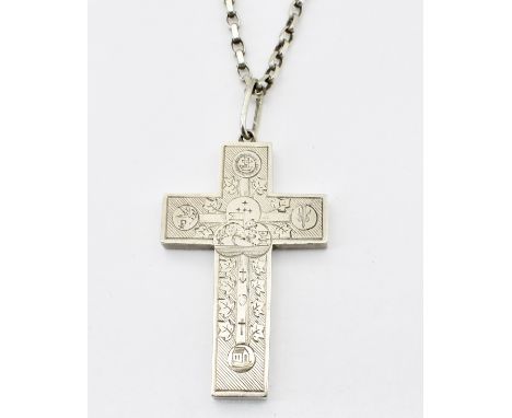 A large Victorian silver crucifix pendant necklace. The crucifix having detailed etched decoration&nbsp; and IN HOC SIGNO VIN
