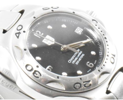 A Tag Heuer Chronometer Officially Certified 200 meters wrist watch. The watch having a black face with white hour markers, d