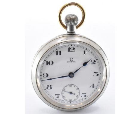 A vintage Omega white metal open face pocket watch. The watch having a white metal case with a white enamelled dial with arab