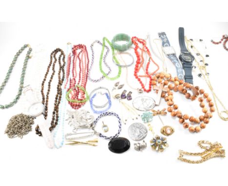 A collection of vintage costume jewellery to include clip on and stud earrings, wide selection of beaded necklaces including 