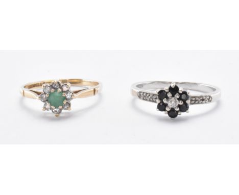 Two 9ct gold hallmarked stone set rings. The lot to include a round cut emerald with a halo of round cut diamonds, and a whit