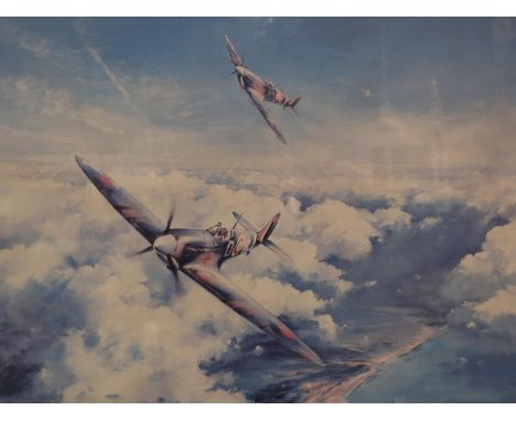 Robert Taylor (b. 1946): colour print, Spitfire, pencil signed by Douglas Bader and Johnnie Johnson, 49 x 59 cm, faded. P&amp