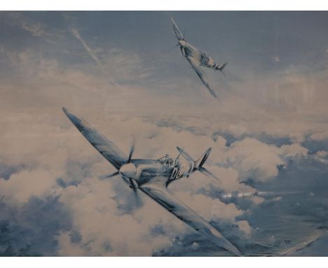 Robert Taylor (b. 1946): colour print, Spitfire, pencil signed by Douglas Bader and Johnnie Johnson, 38 x 49 cm, faded. P&amp
