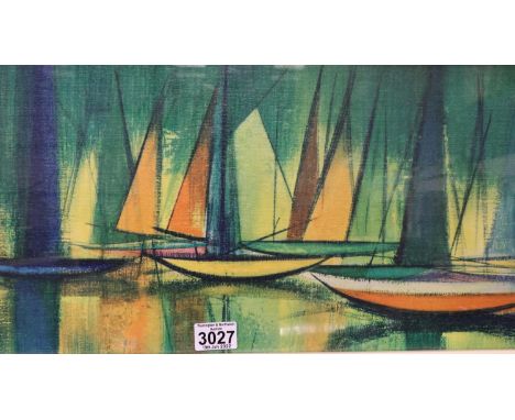 William Rutledge (Australian, 1924-1993): colour print, Boats in Blues and Greens, 27 x 72 cm. Not available for in-house P&a