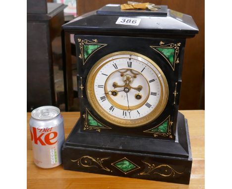 Slate mantle clock in working orderApprox size W24.5cm D 15.5cm H 31cm.