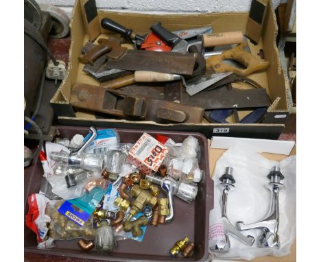 Collection of wood working tools and assorted plumbing items 