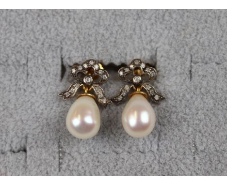 Pair of pearl &amp; diamond bow earrings 