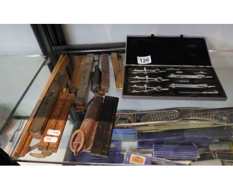 Collection of vintage measuring tools to include compass set 