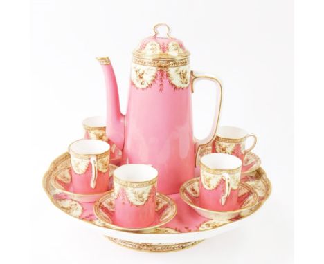 A Royal Worcester porcelain part Cabaret set, c1912, printed in brown with repeating floral motifs against a pink ground, com