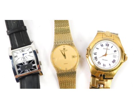 A Raymond Weil Gentleman's 18ct gold plated wristwatch, circular dial, date aperture, on a plated mesh strap, together with a