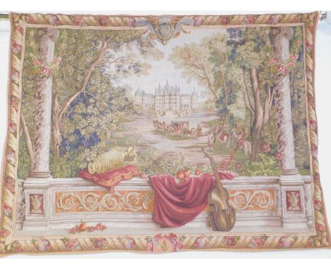An Aubusson type tapestry wall hanging, decorated with a French chateau and figures within a garden setting, framed within a 