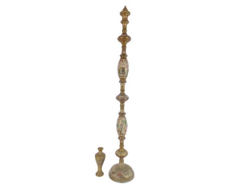 An Indian brass and painted standard lamp, of baluster from, engraved with peacocks, exotic birds, animals and trees, 151cm h