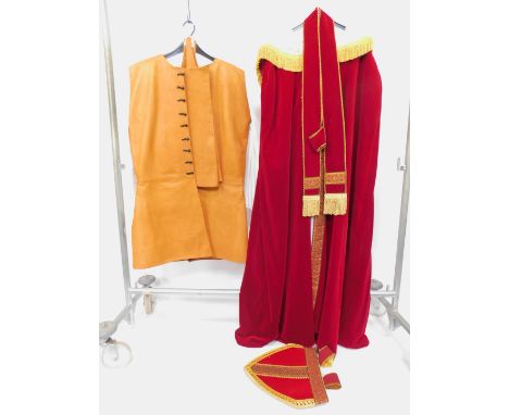Costume; comprising a Bishop's cape, sash and mitre, and a Robin Hood tunic. (2).