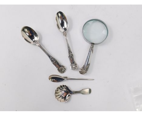 Two Victorian silver spoons, jam spoon, magnifying glass with silver pistol handle, and a plated caddy spoon.