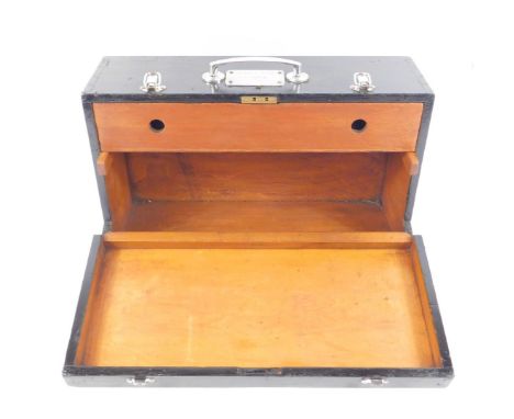 An ebonised carpenter's box, with metal plate stamped with the owner's name and private tools, 19cm H, 51cm L, 30cm D.