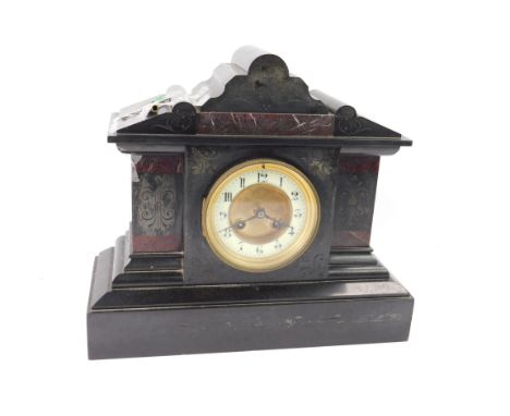 A Victorian slate and marble mantle clock, circular brass dial with enamel chapter ring bearing Arabic numerals, German eight