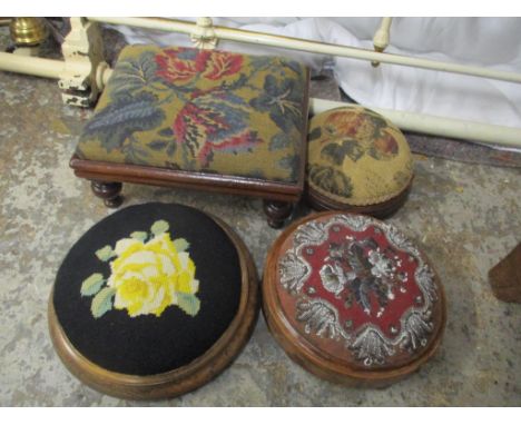 Four mixed 19th century tapestry topped foot stools 