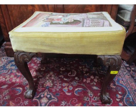 An early 20th century mahogany tapestry topped stool standing on ball and claw feet, 49cm h x 56.5cm wLocation: 