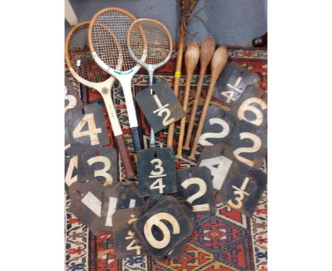 Vintage games rackets, a Lacrosse stick and other items 