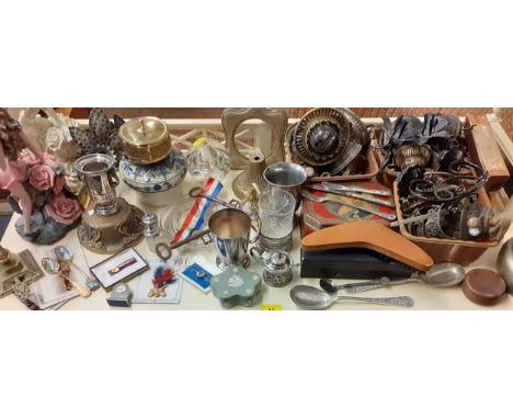 A quantity of oil lamp parts, two model fairies, commemorative items, silver plate and other itemsLocation: RAB 