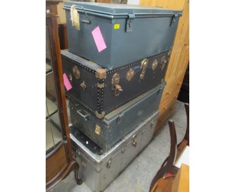 A selection of vintage trunks to include a Mossman leather and metal bound trunk 