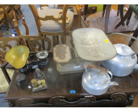 A mid century Oakley &amp; Co kitchen scales with weights, a small painted metal and bras scales with weights, a 8 quartz ket