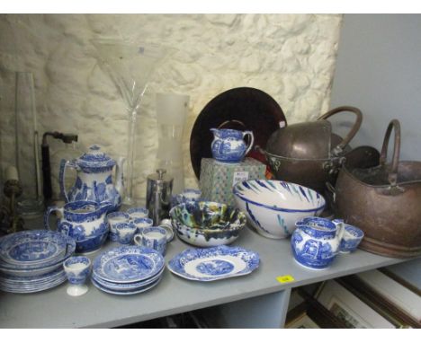 A mixed lot to include two copper coal scuttles, Spode blue and white china and other items 
