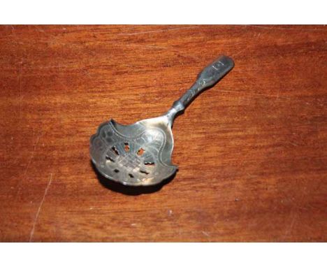 GEORGE III SILVER CADDY SPOON
maker Joseph Taylor, Birmingham 1814, bowl pierced and engraved, handle engraved with initial '