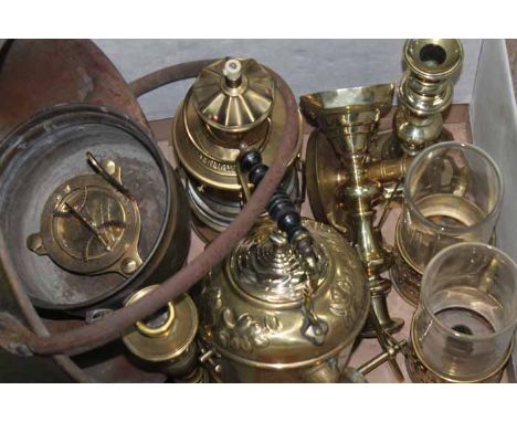 LOT OF VARIOUS BRASS WAREincluding candlesticks, portable sundial, kettle, etc.