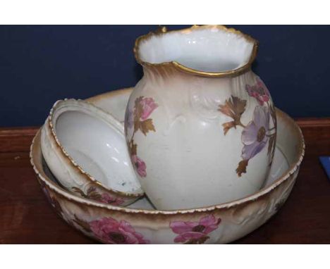 VICTORIAN EWER, BASIN, SOAP DISH AND TOOTHBRUSH HOLDER also a pair of Victorian overpainted portraits on opaque glass (damage