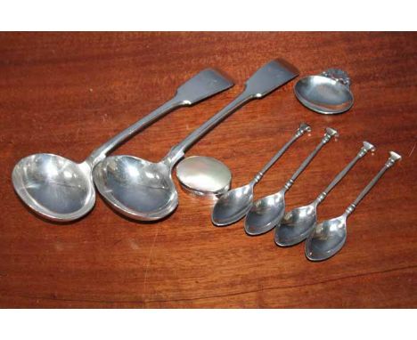 PAIR OF SILVER SAUCE LADLES
Sheffield hallmarks; together with a set of four silver teaspoons, a planished silver caddy spoon