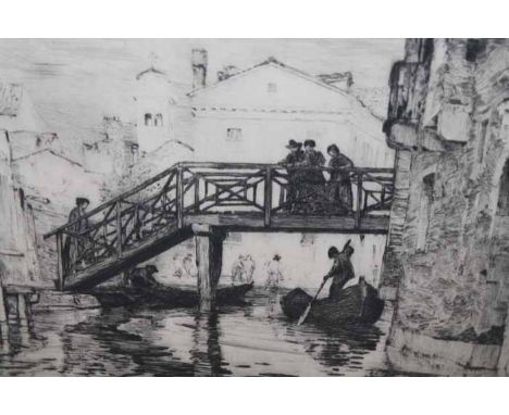 J.HAMILTON MACKENZIE (BRITISH 1875-1926),
THE WOODEN BRIDGE, VENICE 
etching on paper, signed in pencil 
48cm x 60.5cm
Mounte