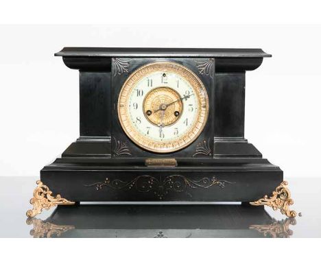 VICTORIAN EBONISED WATERBURY MANTEL CLOCK
signed two train movement striking on a coiled gong, the 4.5" gilt and enamelled di