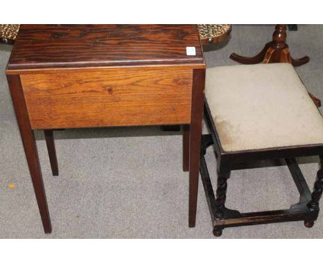 OAK SEWING TABLE
with hinged lid and padded interior; together with a cushion topped stool with barley twist legs (2)